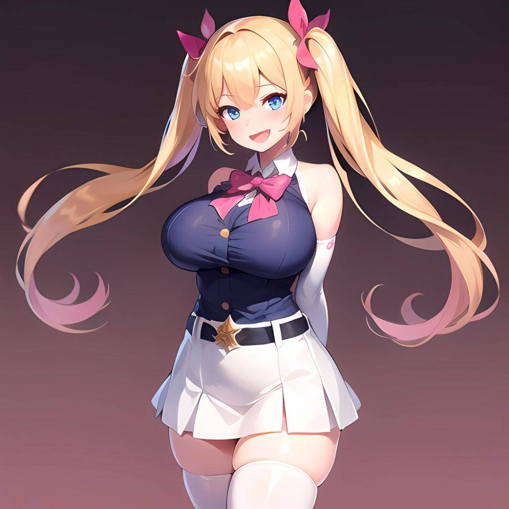 1girl Aymusk Belt White Skirt Blonde Hair Blue Eyes Blush Bow Bowtie Breasts Curvy Elbow Gloves Fang Gloves Gradient Background, 4264980727 - AIHentai - #main