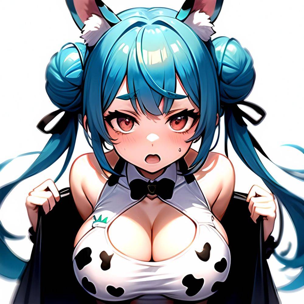 1girl Alternate Breast Size Animal Ear Fluff Animal Ears Animal Print Blue Hair Blush Breasts Cleavage Cutout Clothing Cutout Co, 2213518081 - AIHentai - #main