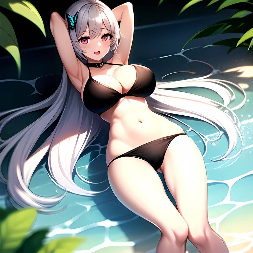 1girl D Bare Arms Bare Shoulders Bikini Black Bikini Breasts Bug Butterfly Butterfly Hair Ornament Choker Cleavage Feet Out Of, 4022811673 - AIHentai - #main