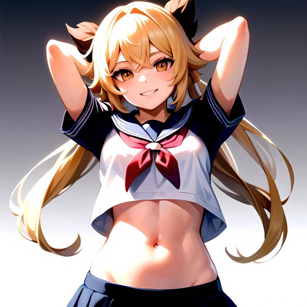 1girl Arms Up Arms Behind Head Blonde Hair Blue Skirt Bow Crop Top Crop Top Overhang Genshin Impact Gradient Background, 243086265 - AIHentai - #main