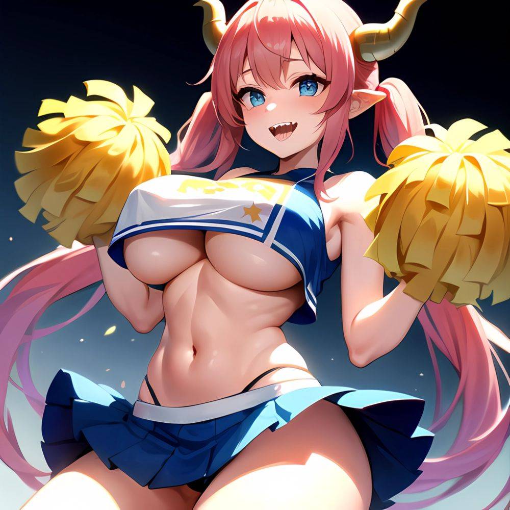 1girl Absurdres Blue Skirt Bluefrok Breasts Cheerleader Dragon Girl Dragon Horns Highres Holding Holding Pom Poms Horns Huge Bre, 759099738 - AIHentai - #main