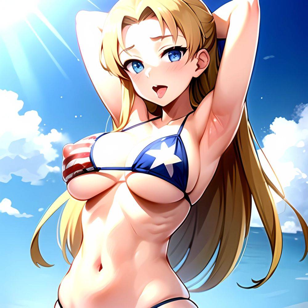 1girl American Flag Bikini Armpits Arms Behind Head Bikini Blonde Hair Blue Eyes Blush Breasts Covered Erect Nipples Flag Print, 784364380 - AIHentai - #main