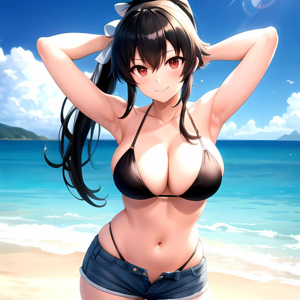 1girl Arms Behind Head Armpits Beach Bikini Bikini Under Shorts Black Bikini Black Hair Blurry Blurry Background Breasts Cleavag, 3576168837 - AIHentai - #main