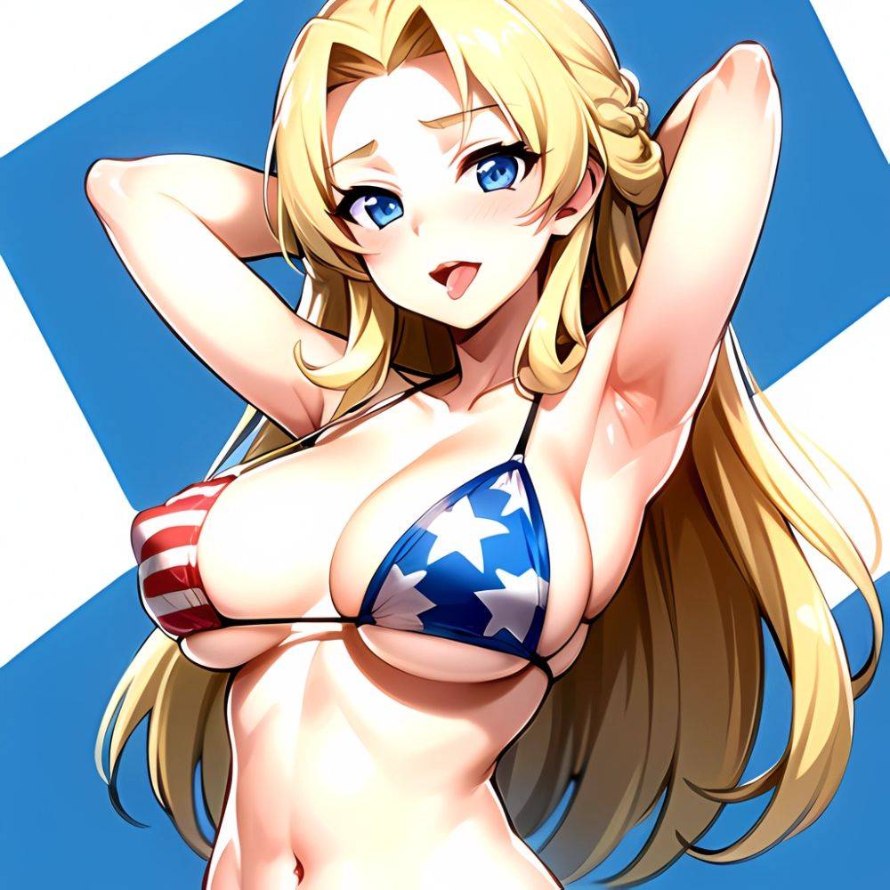 1girl American Flag Bikini Armpits Arms Behind Head Bikini Blonde Hair Blue Eyes Blush Breasts Covered Erect Nipples Flag Print, 2194448547 - AIHentai - #main