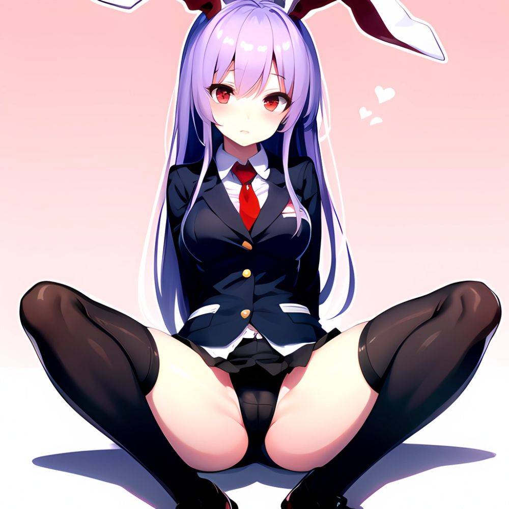 Ai Assisted Breasts Highres Medium Breasts Red Eyes Reisen Udongein Inaba Sitting Spread Legs Touhou Arms Behind Back White Outl, 422973027 - AIHentai - #main