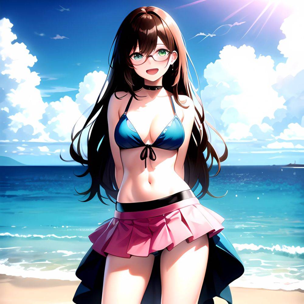 1girl D Bikini Bikini Bottom Aside Bikini Skirt Black Choker Blush Breasts Brown Hair Choker Cleavage Clothing Aside Front Tie, 2872695623 - AIHentai - #main