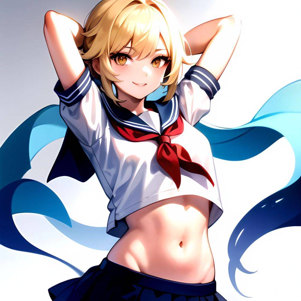 1girl Arms Up Arms Behind Head Blonde Hair Blue Skirt Bow Crop Top Crop Top Overhang Genshin Impact Gradient Background, 2634806044 - AIHentai - #main