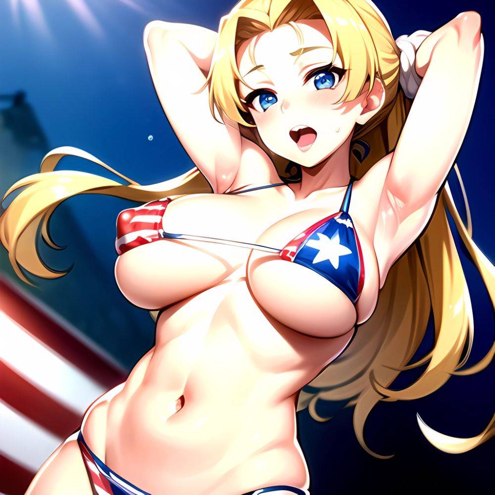 1girl American Flag Bikini Armpits Arms Behind Head Bikini Blonde Hair Blue Eyes Blush Breasts Covered Erect Nipples Flag Print, 4082011535 - AIHentai - #main