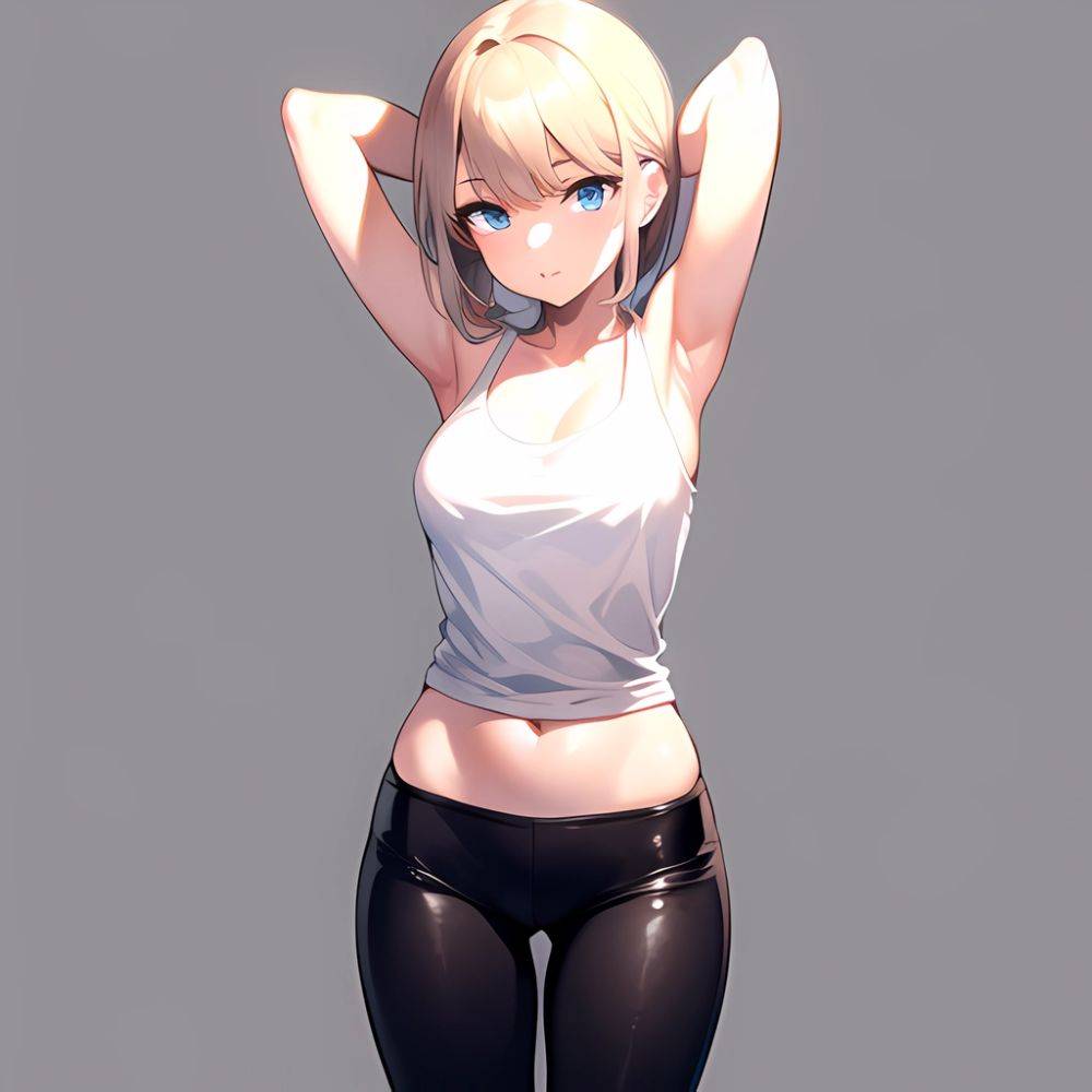 1girl Solo Tank Top Leggings Blue Eyes Standing Fully Clothed Pov Simple Background Arms Behind Head, 764588941 - AIHentai - #main