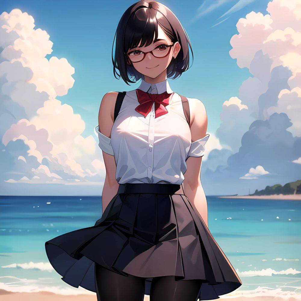 1girl Aircraft Bird Breasts Cloud Cloudy Sky Cowboy Shot Curtsey Dark Skinned Female Dark Skin Day Flashing Glasses Looking At, 153956493 - AIHentai - #main