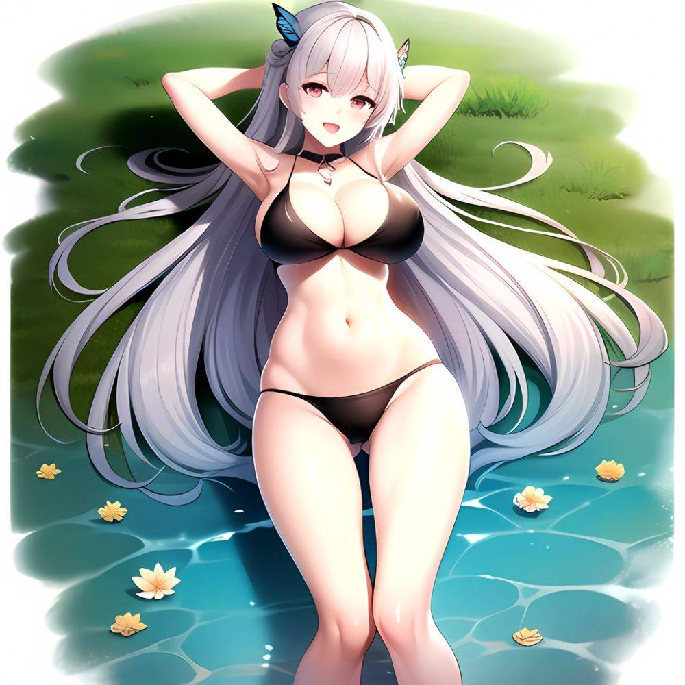 1girl D Bare Arms Bare Shoulders Bikini Black Bikini Breasts Bug Butterfly Butterfly Hair Ornament Choker Cleavage Feet Out Of, 4020904213 - AIHentai - #main