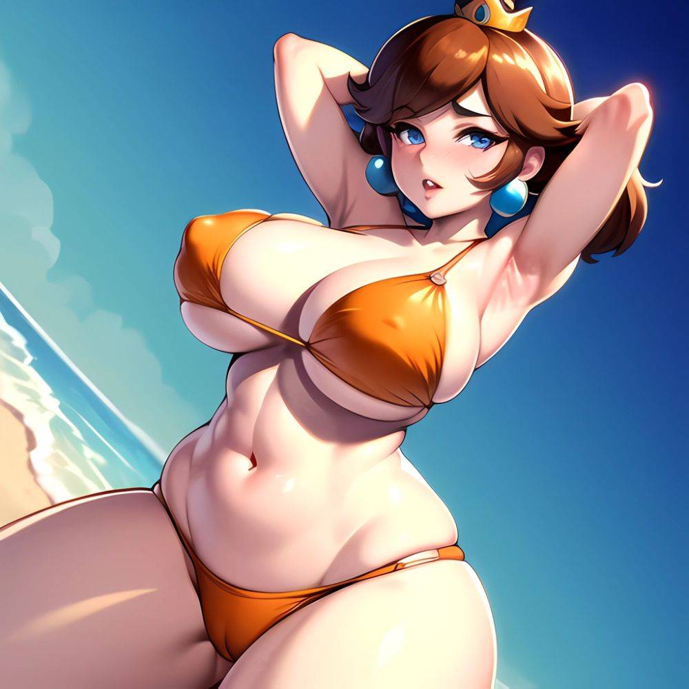 1girl Areola Slip Armpits Arms Behind Head Bikini Blue Eyes Blush Breasts Brown Hair Cleavage Huge Breasts Legs Mario Series, 4145282812 - AIHentai - #main