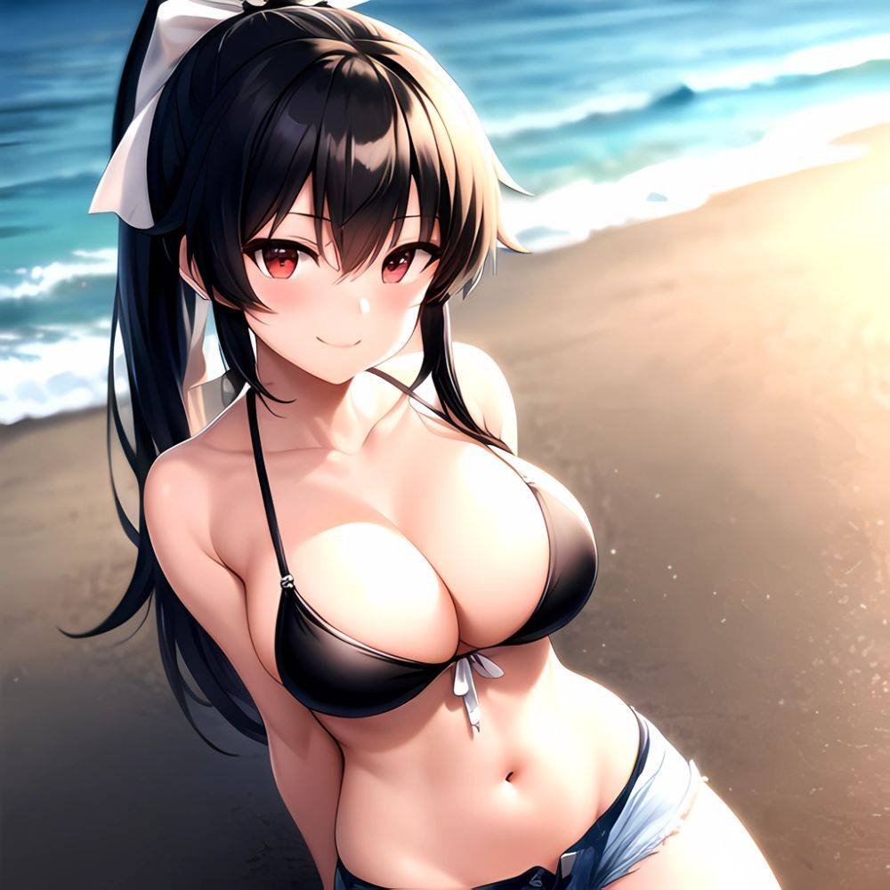 1girl Arms Behind Back Beach Bikini Bikini Under Shorts Black Bikini Black Hair Blurry Blurry Background Breasts Cleavage Closed, 863961226 - AIHentai - #main