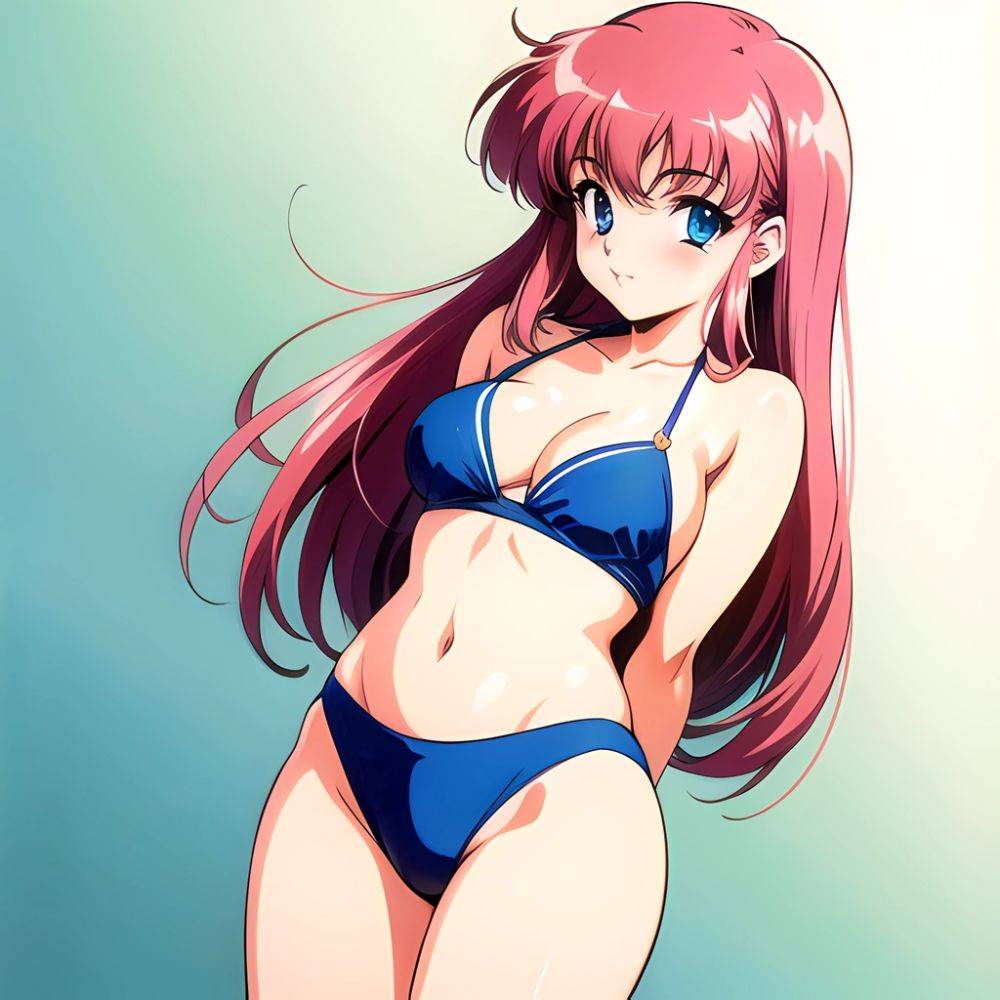 1990s Style 1girl Arms Behind Back 1 4 Bikini Blue Bikini Blue Eyes Cowboy Shot Kokura Masashi Long Hair Looking, 2722775256 - AIHentai - #main