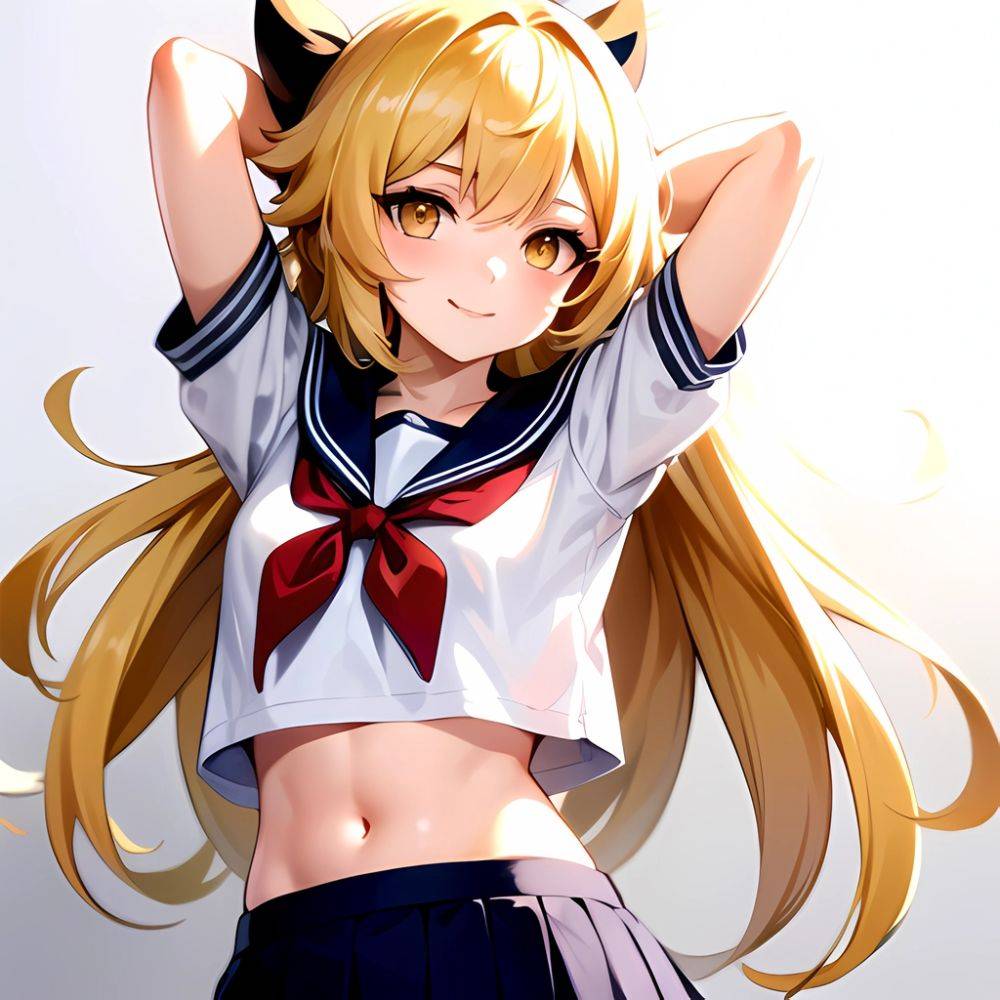 1girl Arms Up Arms Behind Head Blonde Hair Blue Skirt Bow Crop Top Crop Top Overhang Genshin Impact Gradient Background, 1553360436 - AIHentai - #main