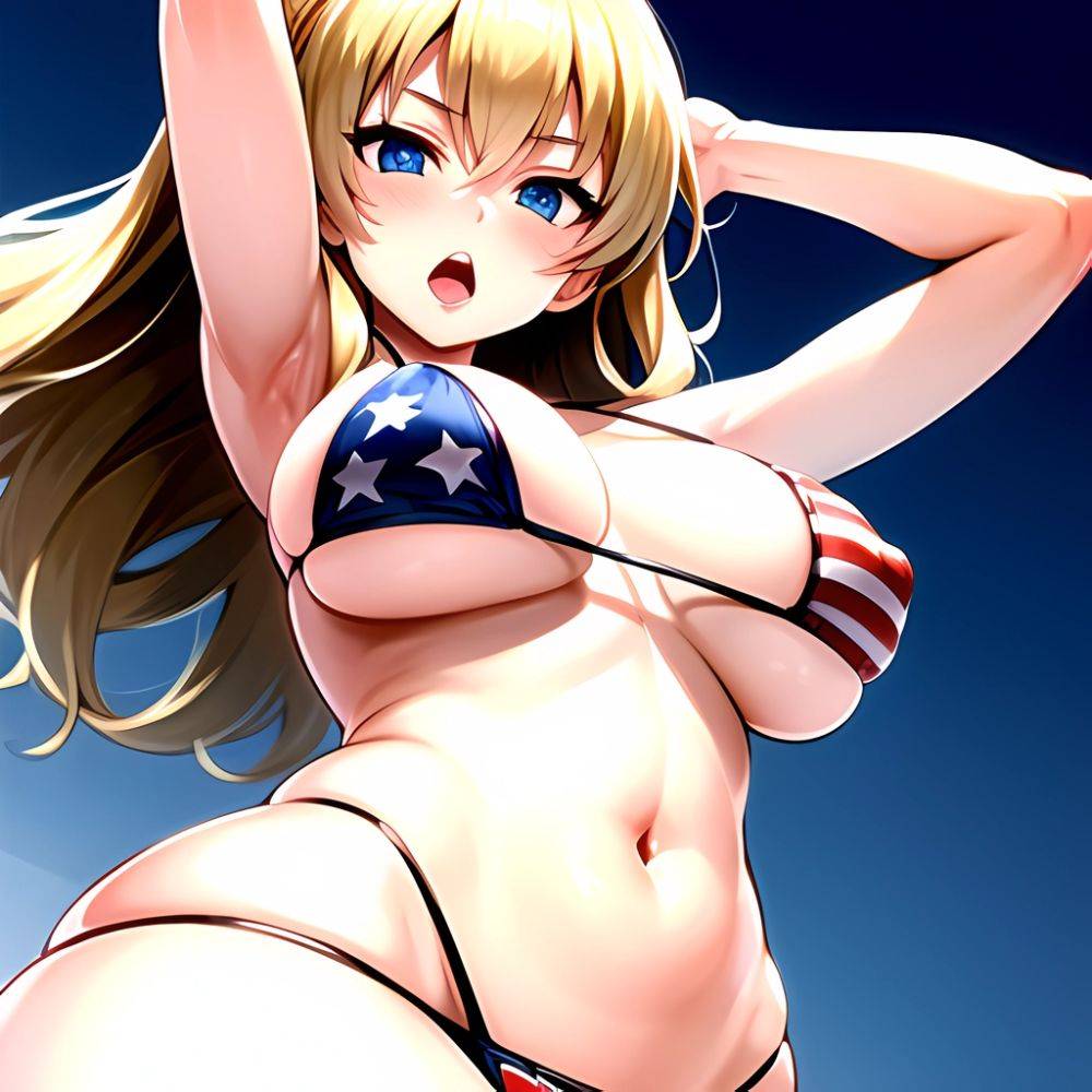 1girl American Flag Bikini Armpits Arms Behind Head Bikini Blonde Hair Blue Eyes Blush Breasts Covered Erect Nipples Flag Print, 913836208 - AIHentai - #main