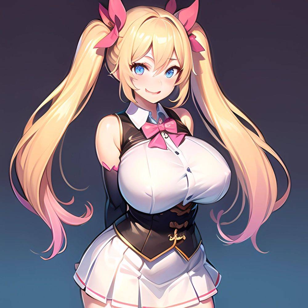 1girl Aymusk Belt White Skirt Blonde Hair Blue Eyes Blush Bow Bowtie Breasts Curvy Elbow Gloves Fang Gloves Gradient Background, 3214427750 - AIHentai - #main