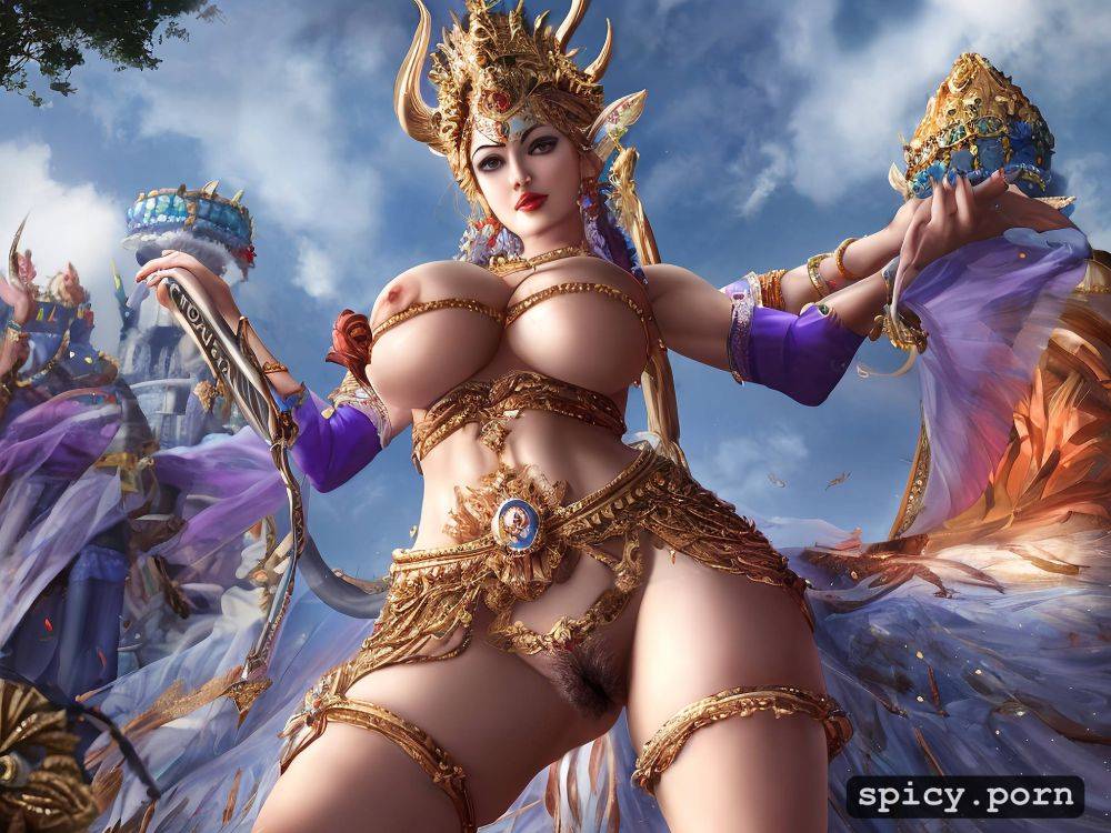 hairy pussy, standing, big boobs, hindu devi, crown on head - #main