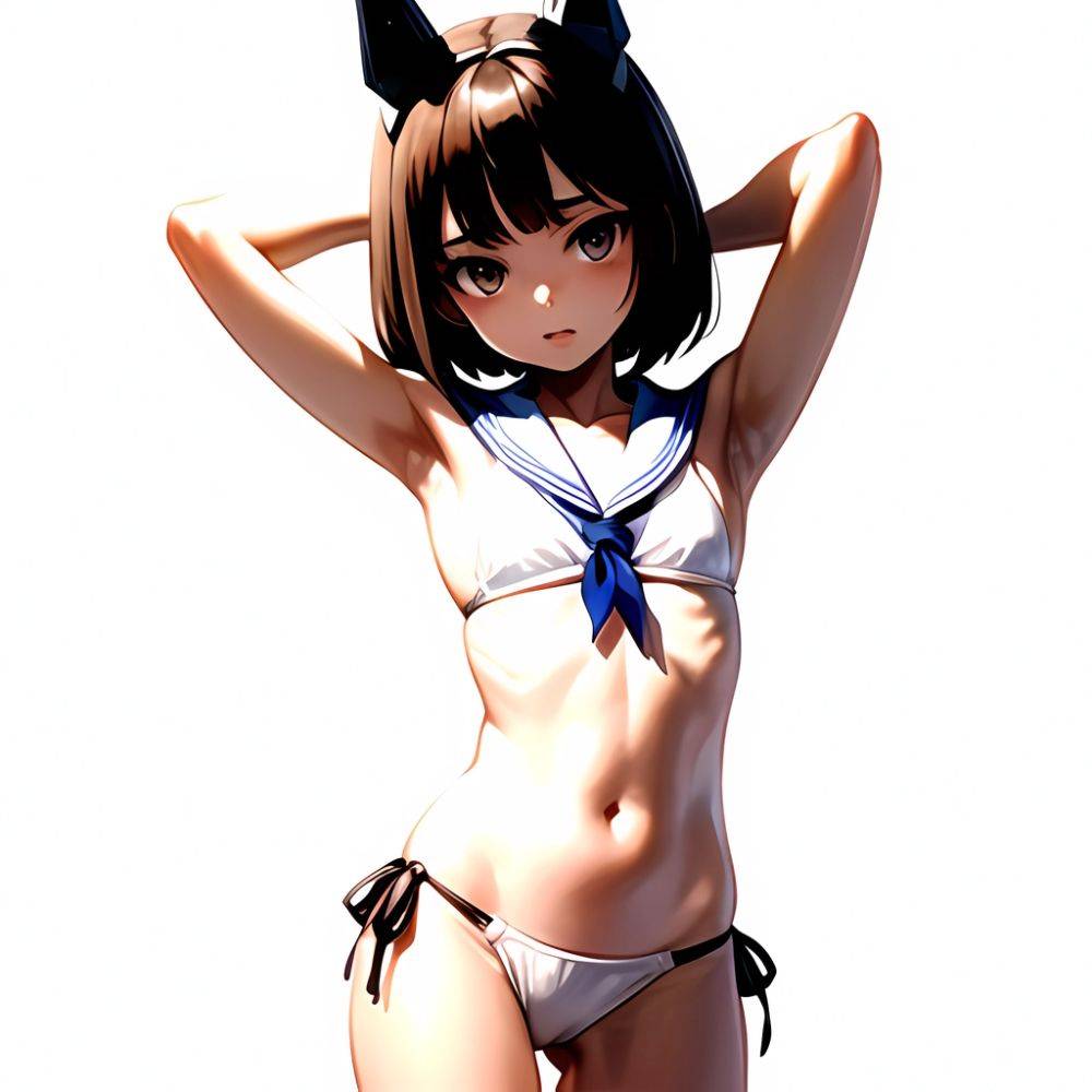 1girl Arms Up Arms Behind Head Bikini Bob Cut Brown Eyes Brown Hair Cosplay Cowboy Shot Flat Chest Headgear Inverted, 4289393542 - AIHentai - #main