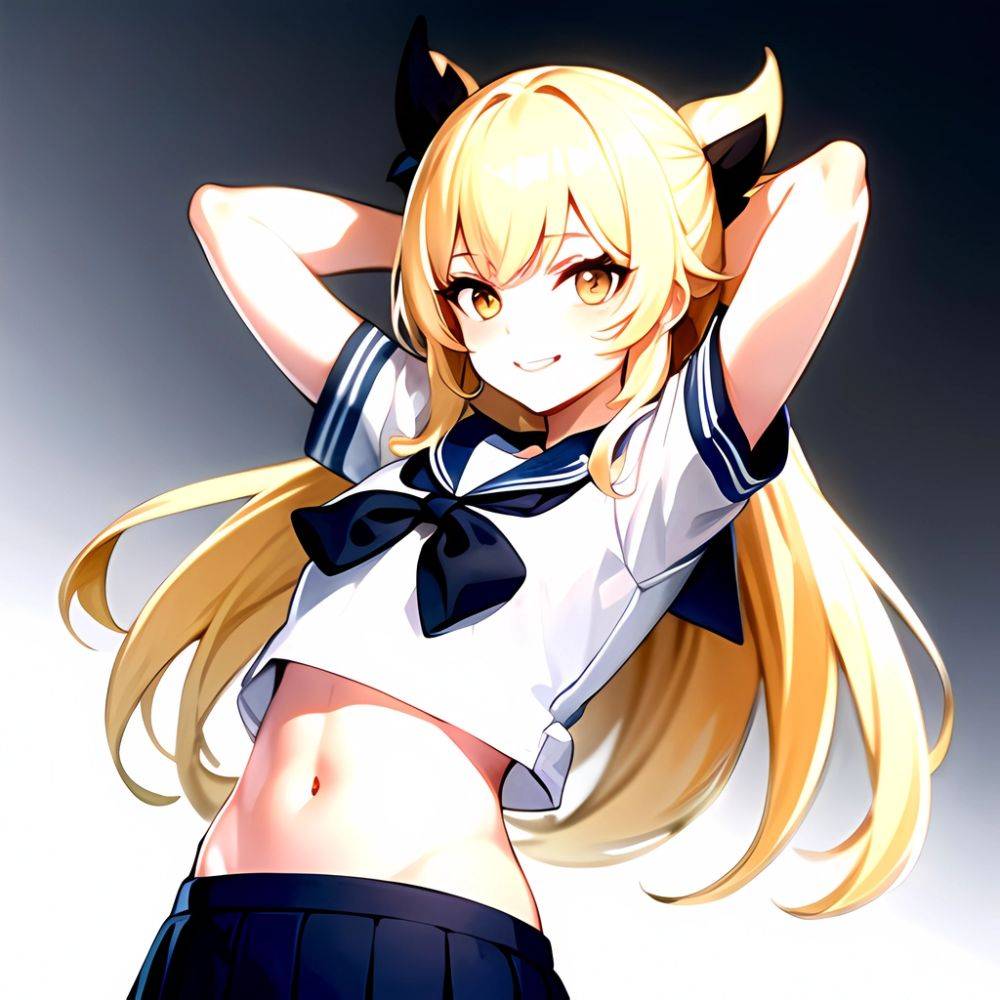 1girl Arms Up Arms Behind Head Blonde Hair Blue Skirt Bow Crop Top Crop Top Overhang Genshin Impact Gradient Background, 450366492 - AIHentai - #main