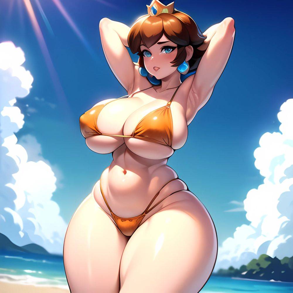 1girl Areola Slip Armpits Arms Behind Head Bikini Blue Eyes Blush Breasts Brown Hair Cleavage Huge Breasts Legs Mario Series, 3755118313 - AIHentai - #main