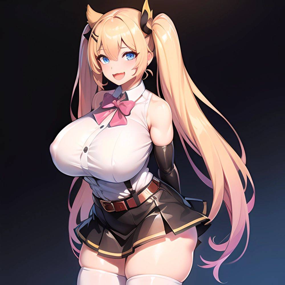 1girl Aymusk Belt Black Skirt Blonde Hair Blue Eyes Blush Bow Bowtie Breasts Curvy Elbow Gloves Fang Gloves Gradient Background, 1335509127 - AIHentai - #main