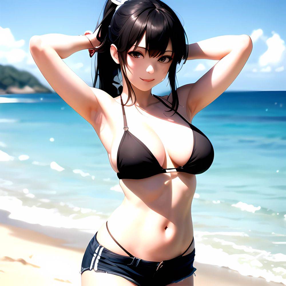 1girl Arms Behind Head Armpits Beach Bikini Bikini Under Shorts Black Bikini Black Hair Blurry Blurry Background Breasts Cleavag, 3839619500 - AIHentai - #main