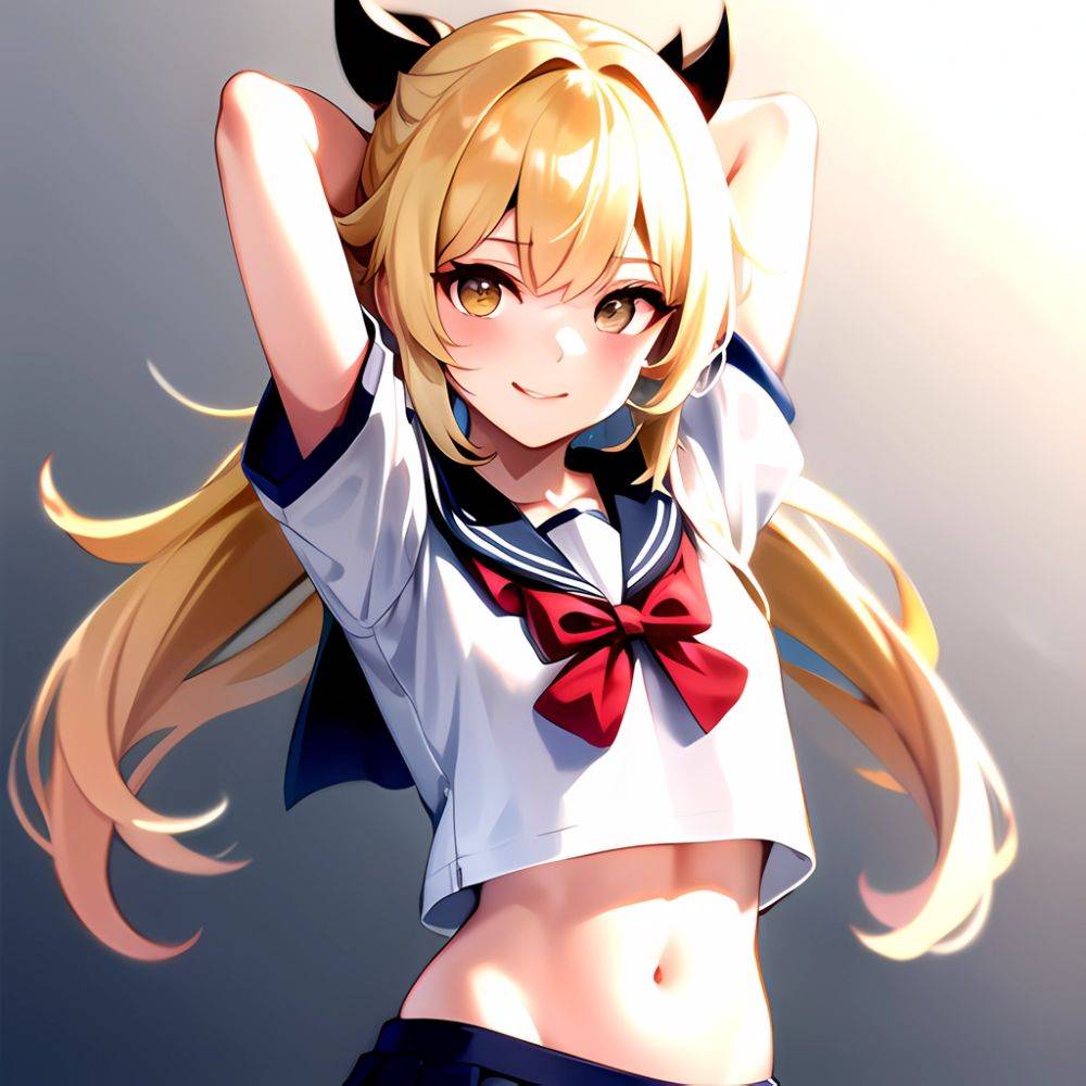 1girl Arms Up Arms Behind Head Blonde Hair Blue Skirt Bow Crop Top Crop Top Overhang Genshin Impact Gradient Background, 3555192242 - AIHentai - #main