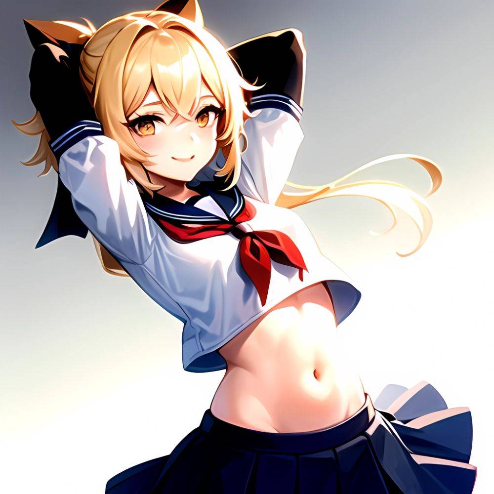 1girl Arms Up Arms Behind Head Blonde Hair Blue Skirt Bow Crop Top Crop Top Overhang Genshin Impact Gradient Background, 474893732 - AIHentai - #main