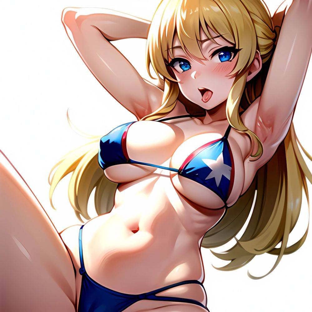 1girl American Flag Bikini Armpits Arms Behind Head Bikini Blonde Hair Blue Eyes Blush Breasts Covered Erect Nipples Flag Print, 1669196373 - AIHentai - #main