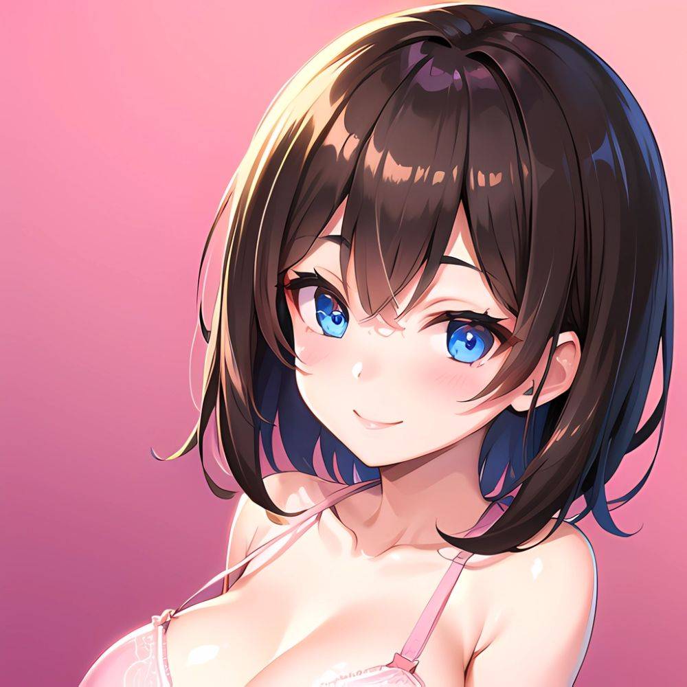1girl Ai Generated Blue Eyes Blush Breasts Brown Hair Highres Large Breasts Light Smile Looking At Viewer Pink Background Short, 1435581926 - AIHentai - #main