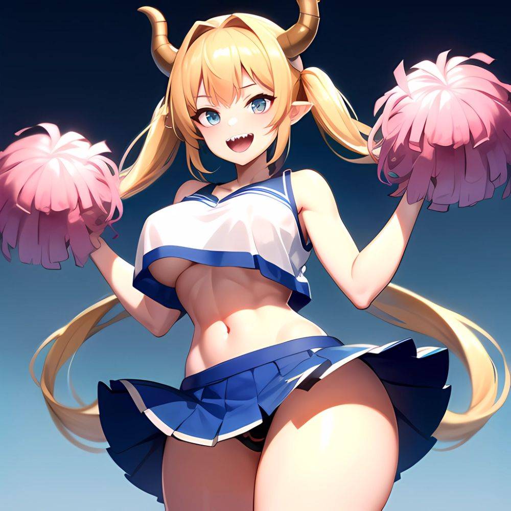 1girl Absurdres Blue Skirt Bluefrok Breasts Cheerleader Dragon Girl Dragon Horns Highres Holding Holding Pom Poms Horns Huge Bre, 3497298337 - AIHentai - #main