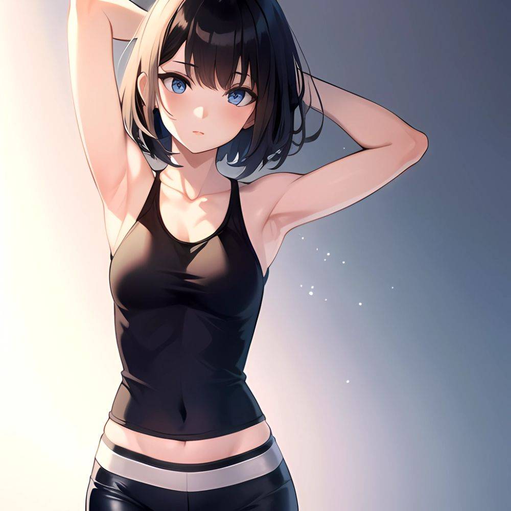 1girl Solo Tank Top Leggings Blue Eyes Standing Fully Clothed Pov Simple Background Arms Behind Head, 678089584 - AIHentai - #main