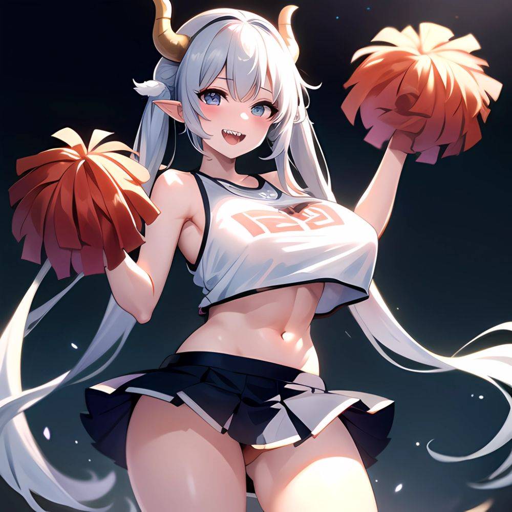 1girl Absurdres White Skirt Whitefrok Breasts Cheerleader Dragon Girl Dragon Horns Highres Holding Holding Pom Poms Horns Huge B, 2330179794 - AIHentai - #main