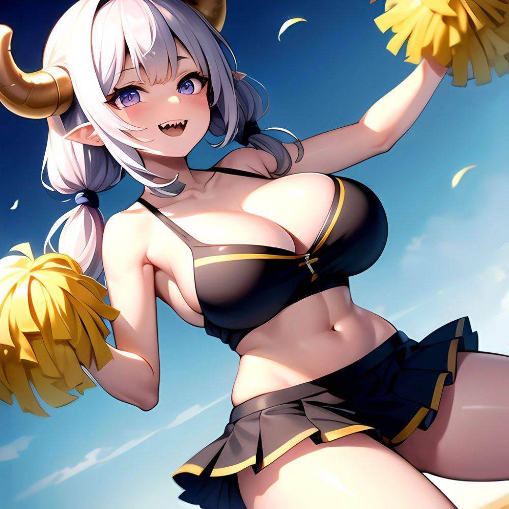 1girl Absurdres White Skirt Whitefrok Breasts Cheerleader Dragon Girl Dragon Horns Highres Holding Holding Pom Poms Horns Huge B, 4266485141 - AIHentai - #main