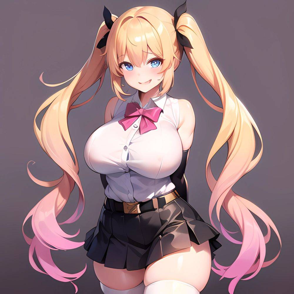 1girl Aymusk Belt Black Skirt Blonde Hair Blue Eyes Blush Bow Bowtie Breasts Curvy Elbow Gloves Fang Gloves Gradient Background, 3120359621 - AIHentai - #main