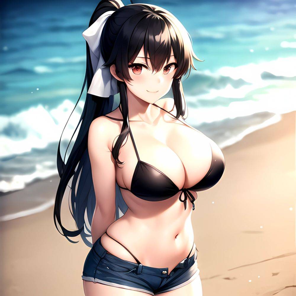 1girl Arms Behind Back Beach Bikini Bikini Under Shorts Black Bikini Black Hair Blurry Blurry Background Breasts Cleavage Closed, 3671886234 - AIHentai - #main