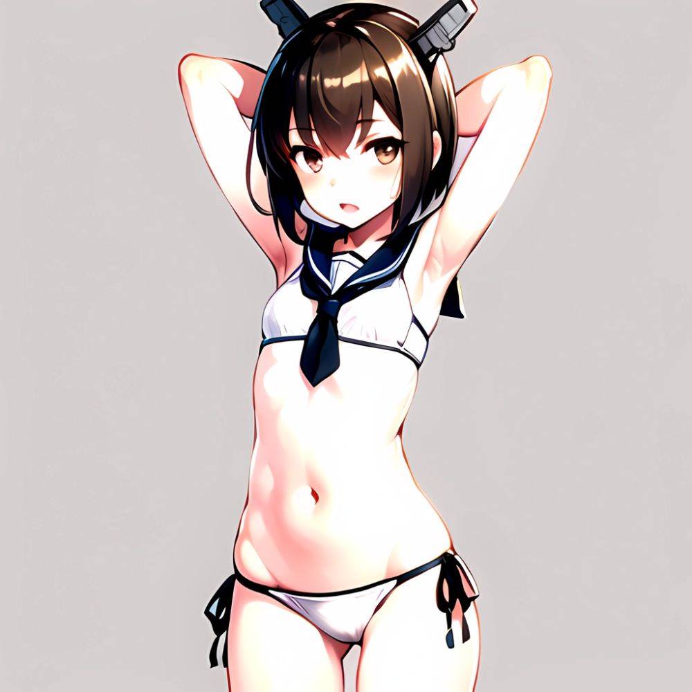 1girl Arms Up Arms Behind Head Bikini Bob Cut Brown Eyes Brown Hair Commentary Request Cosplay Cowboy Shot Flat Chest, 1170985969 - AIHentai - #main