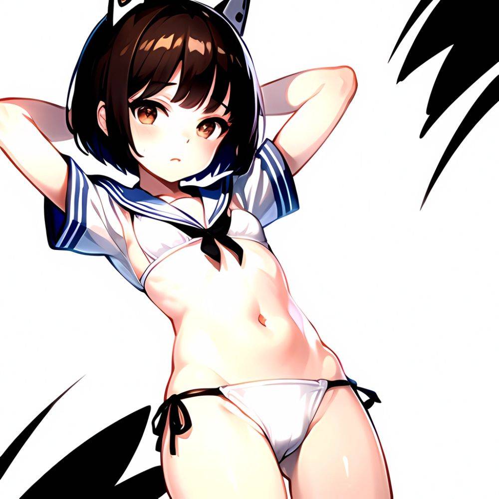 1girl Arms Up Arms Behind Head Bikini Bob Cut Brown Eyes Brown Hair Cosplay Cowboy Shot Flat Chest Headgear Inverted, 2810604076 - AIHentai - #main