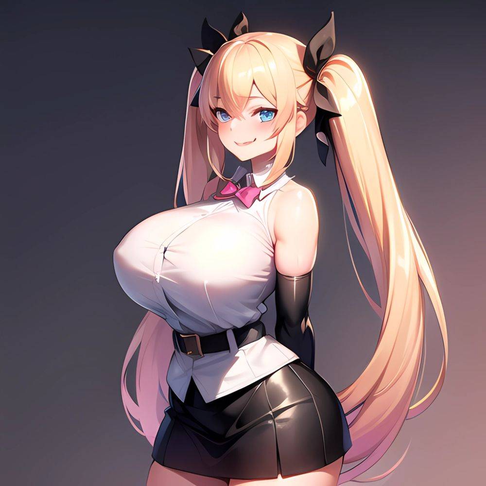 1girl Aymusk Belt Black Skirt Blonde Hair Blue Eyes Blush Bow Bowtie Breasts Curvy Elbow Gloves Fang Gloves Gradient Background, 2124206855 - AIHentai - #main