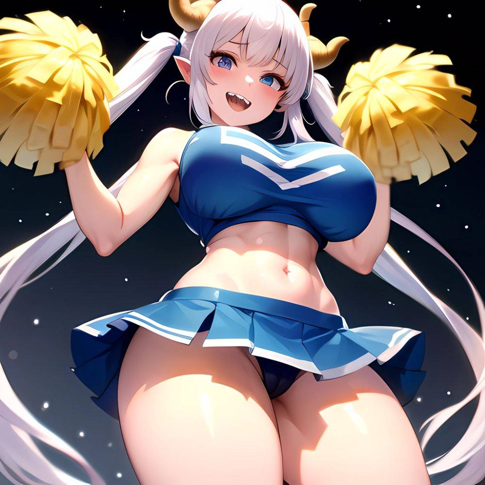 1girl Absurdres Blue Skirt Bluefrok Breasts Cheerleader Dragon Girl Dragon Horns Highres Holding Holding Pom Poms Horns Huge Bre, 3917475886 - AIHentai - #main