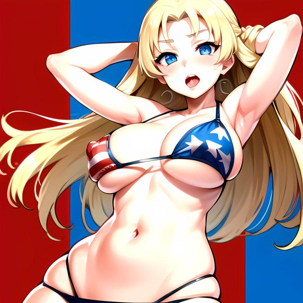 1girl American Flag Bikini Armpits Arms Behind Head Bikini Blonde Hair Blue Eyes Blush Breasts Covered Erect Nipples Flag Print, 1101396145 - AIHentai - #main