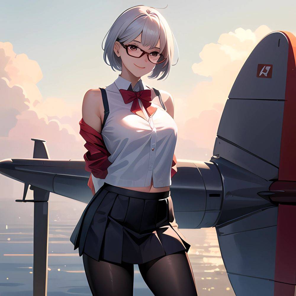 1girl Aircraft Bird Breasts Cloud Cloudy Sky Cowboy Shot Curtsey Dark Skinned Female Dark Skin Day Flashing Glasses Looking At, 728862763 - AIHentai - #main