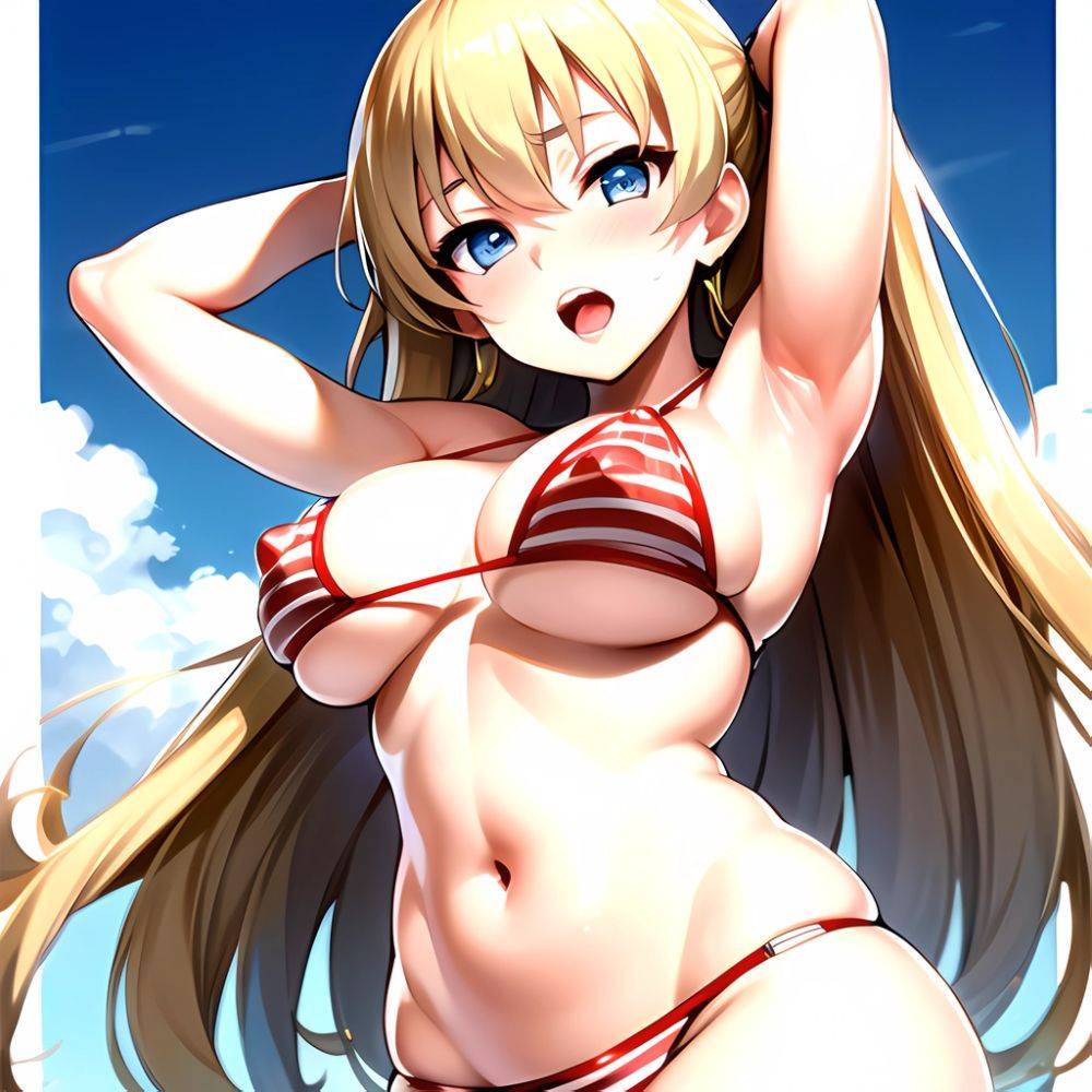 1girl American Flag Bikini Armpits Arms Behind Head Bikini Blonde Hair Blue Eyes Blush Breasts Covered Erect Nipples Flag Print, 3626145235 - AIHentai - #main