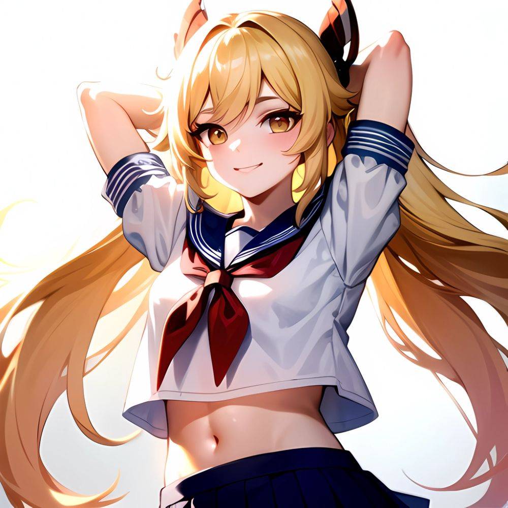 1girl Arms Up Arms Behind Head Blonde Hair Blue Skirt Bow Crop Top Crop Top Overhang Genshin Impact Gradient Background, 3835874210 - AIHentai - #main