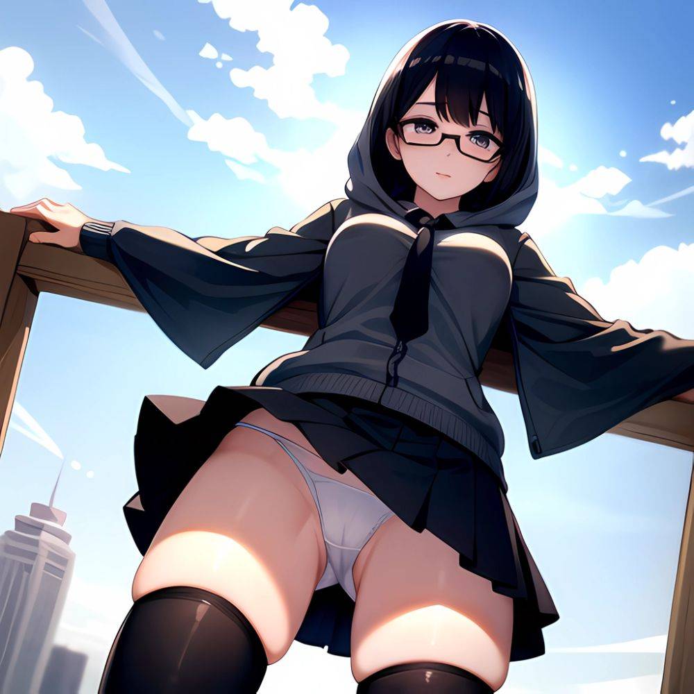 1girl Black Hair Black Necktie Black Thighhighs Breasts Cameltoe From Below Glasses Grey Eyes Grey Hoodie Highres Hood Hoodie Me, 1985432703 - AIHentai - #main