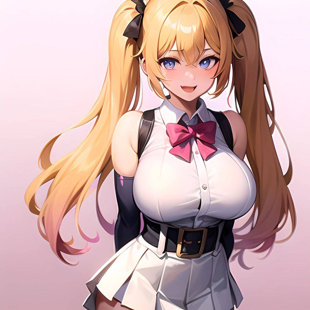 1girl Aymusk Belt White Skirt Blonde Hair Blue Eyes Blush Bow Bowtie Breasts Curvy Elbow Gloves Fang Gloves Gradient Background, 3316058024 - AIHentai - #main