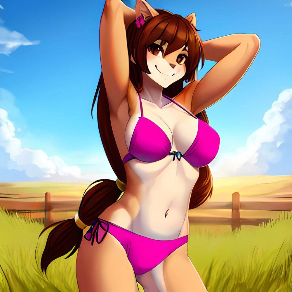 1girl Armpits Arms Behind Head Bikini Brown Eyes Brown Hair Cowboy Shot Dot Nose Flat Chest From Side Hair Ornament, 2287785038 - AIHentai - #main