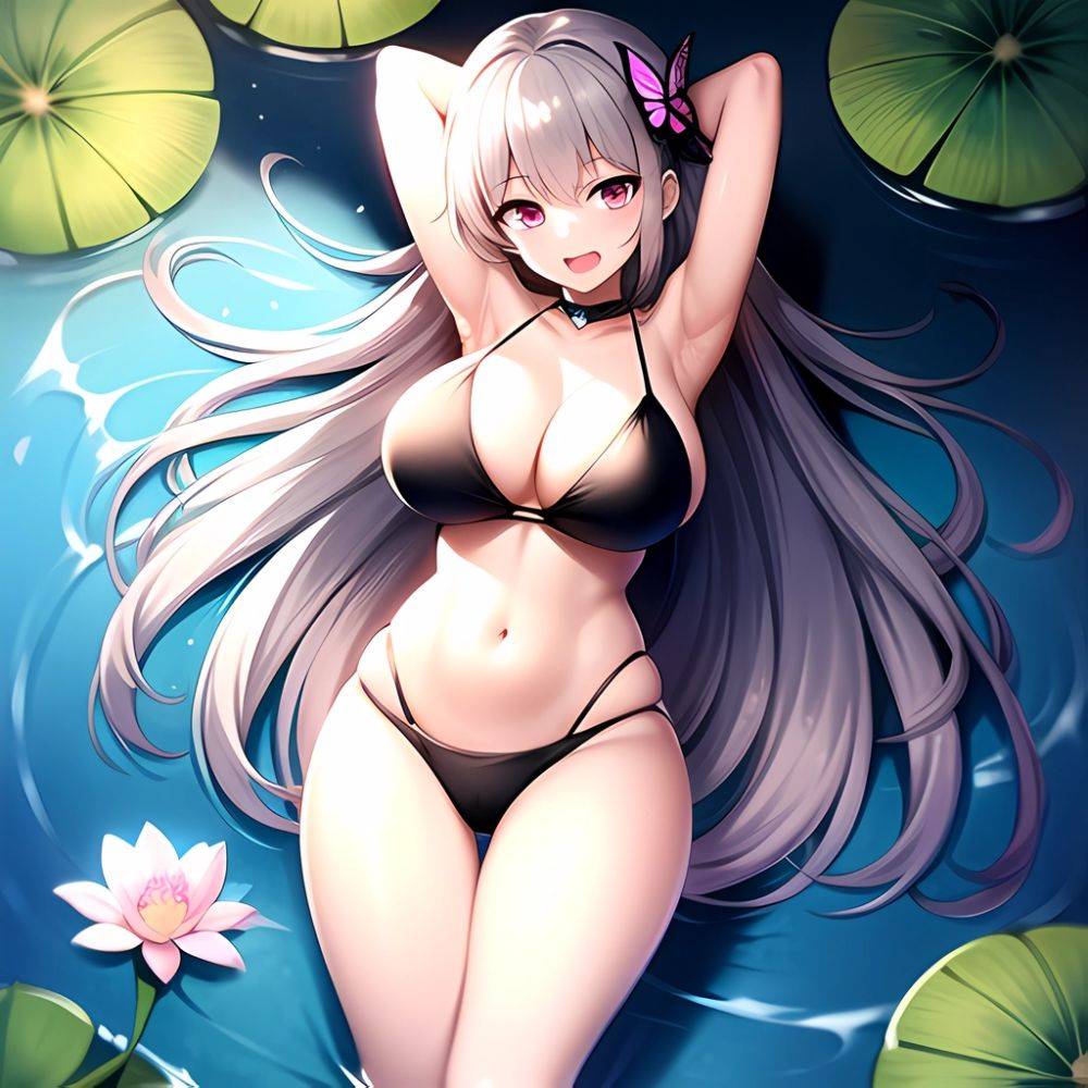 1girl D Bare Arms Bare Shoulders Bikini Black Bikini Breasts Bug Butterfly Butterfly Hair Ornament Choker Cleavage Feet Out Of, 1002612951 - AIHentai - #main