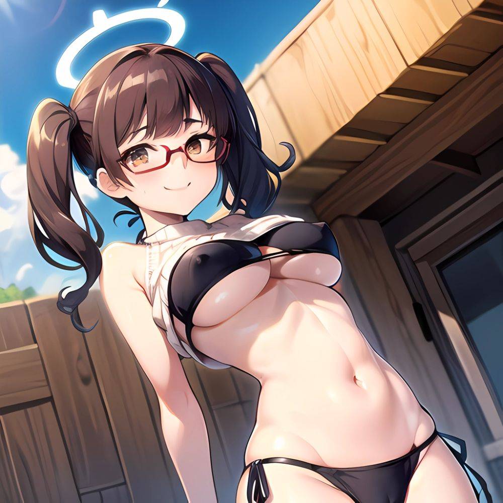 1girl Bikini Black Bikini Blue Archive Blue Sky Breasts Brown Eyes Brown Hair Closed Mouth Clothes Lift Cloud Covered Nipples, 3724756146 - AIHentai - #main